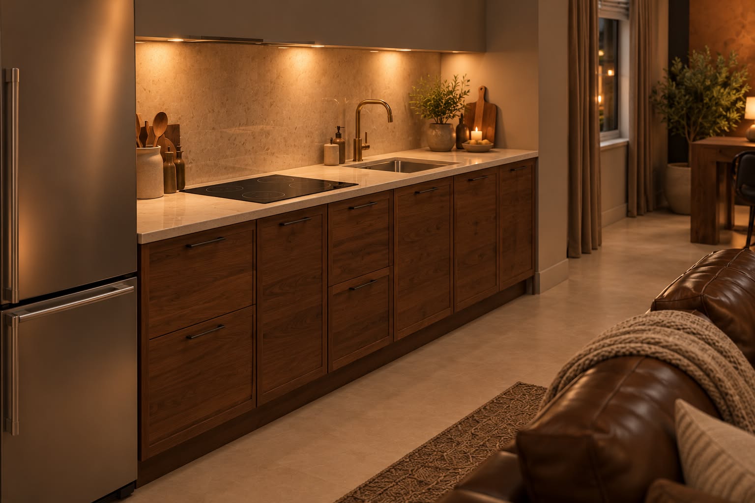 Кухня в тёплом орехе